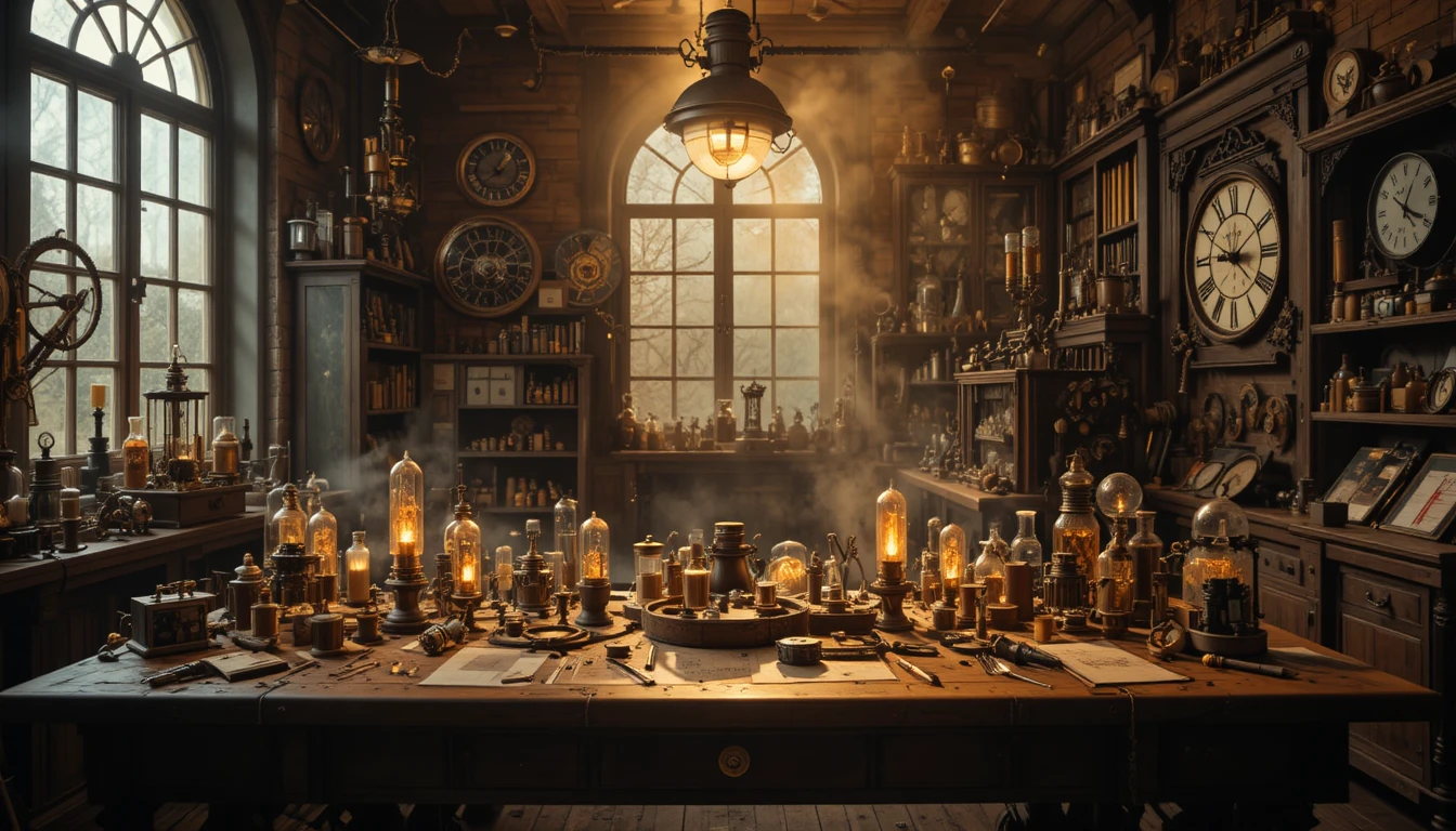 Viktorianische Steampunk‑Werkstatt mit Zahnrädern und leuchtenden Röhren