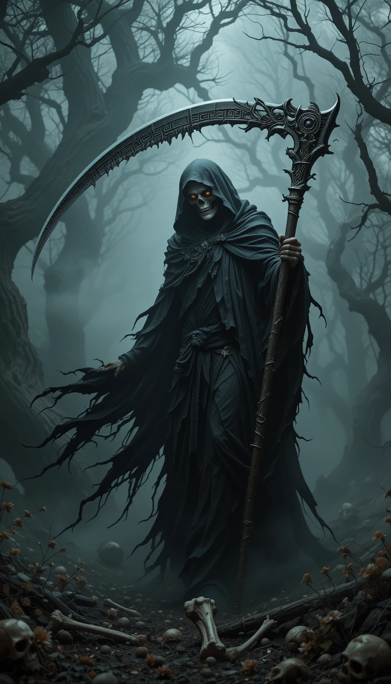 Thanatos con falce che emerge dalla nebbia in una foresta oscura