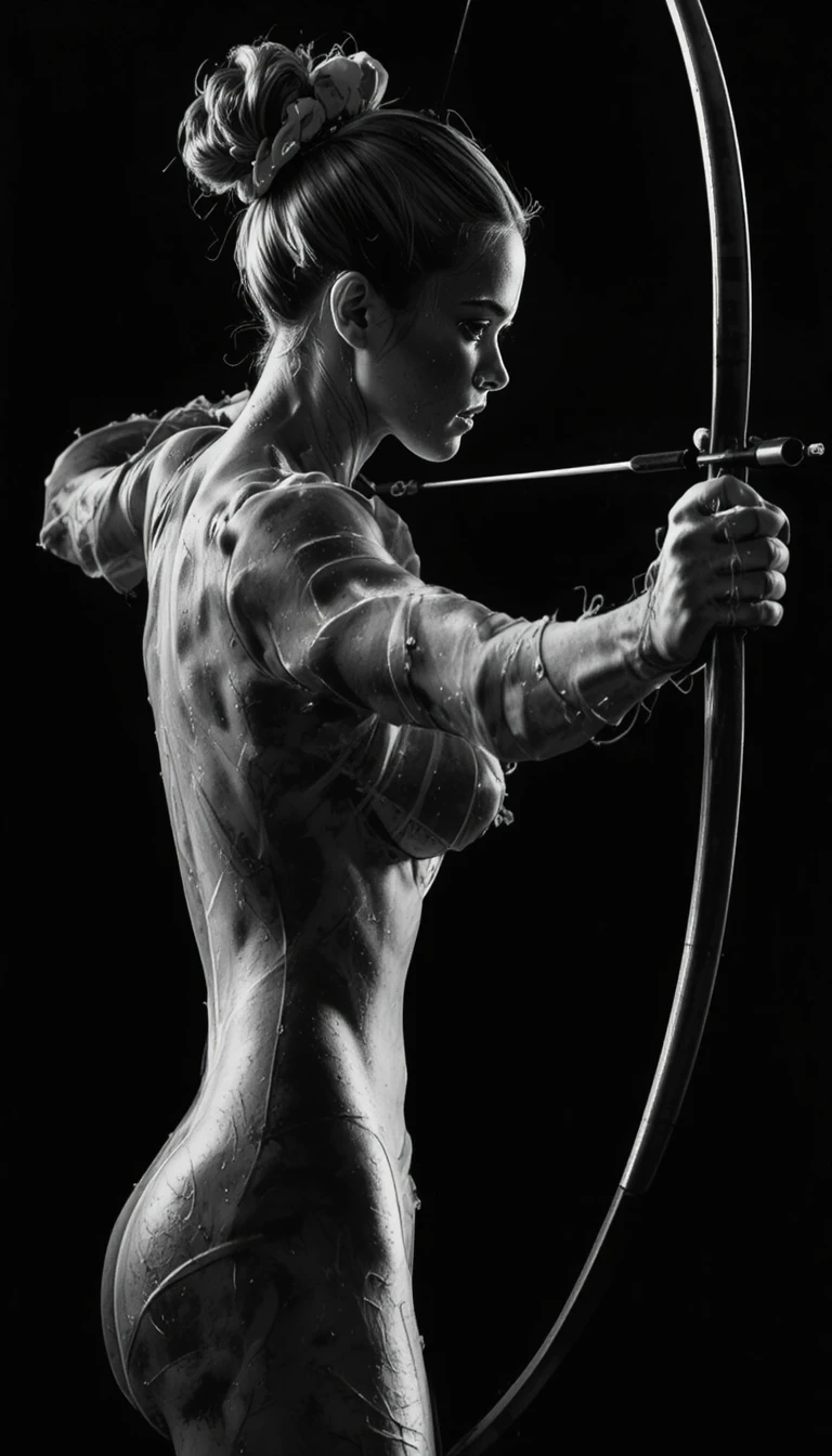 Black And White Archer Woman Drawing A Longbow