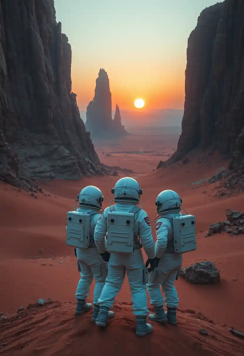 Astronauts Overlooking A Vast Alien Desert At Sunset