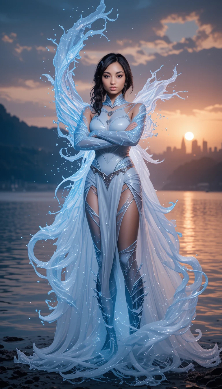 Water powered heroine beside a glowing sunset lake