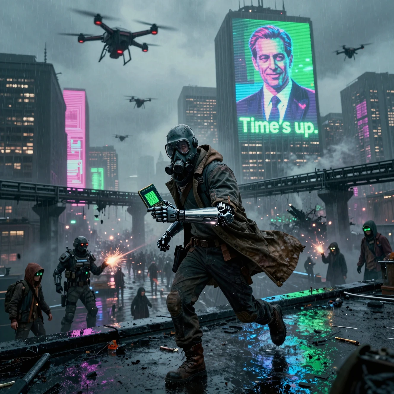 Augmented courier running across a rain slicked rooftop