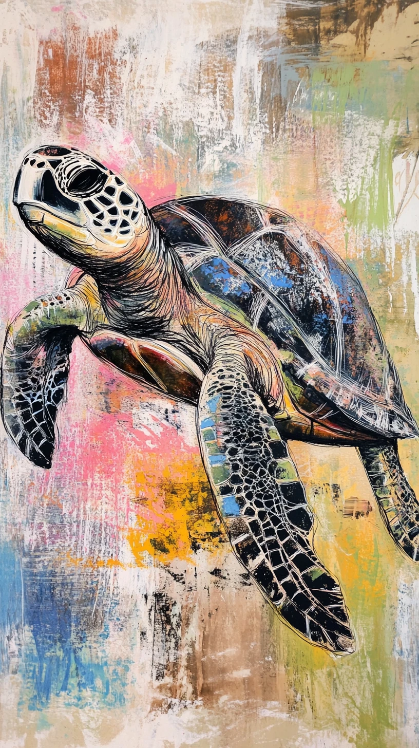 Abstract sea turtle in soft ink and pastel strokes
