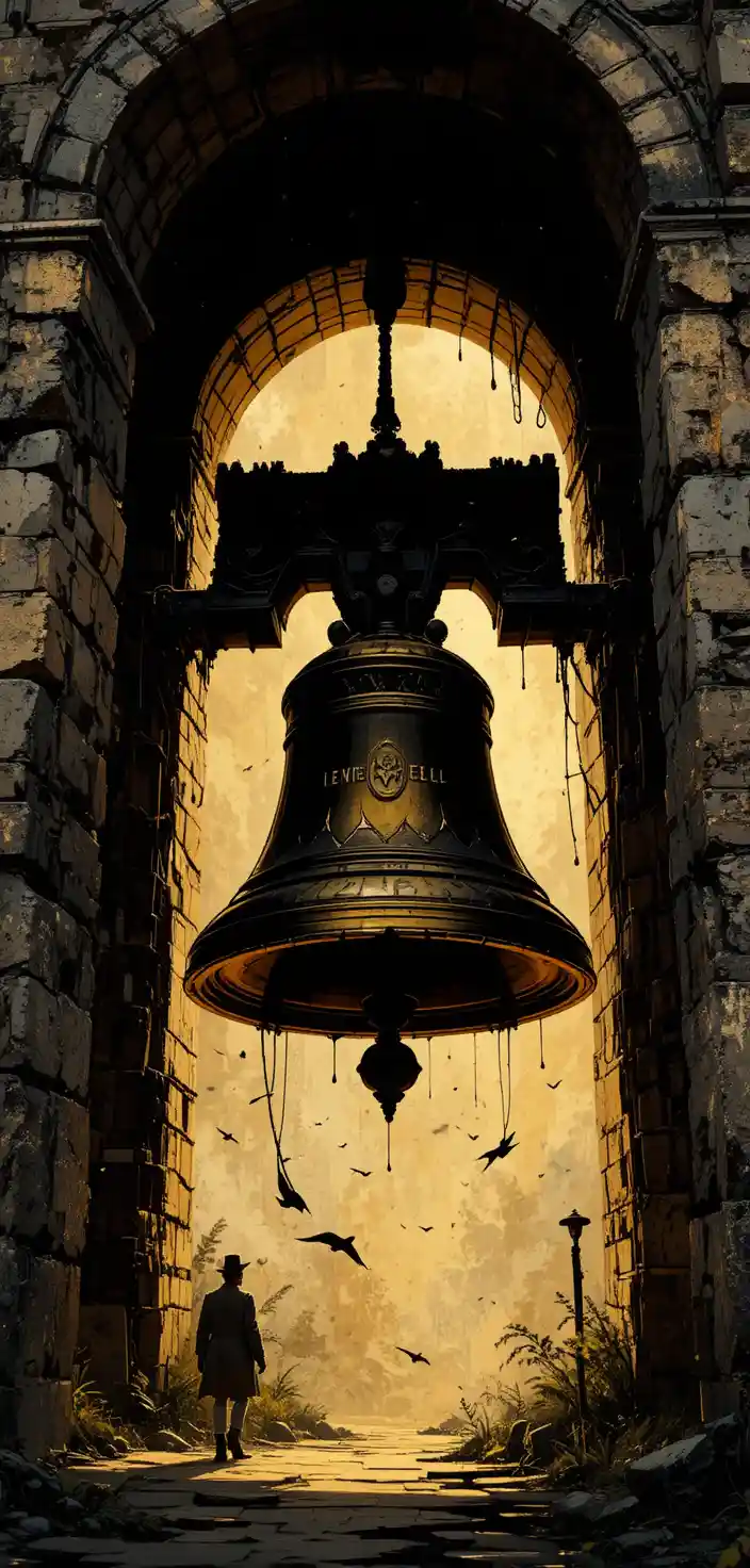 Campana dorata appesa in un antico campanile in pietra rustica