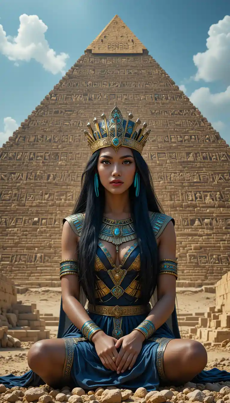 Mystical Queen Before Hieroglyphic Pyramid In Sapphire And Gold
