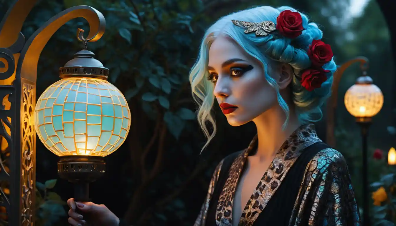 Ethereal woman in black dress with roses in lantern lit garden