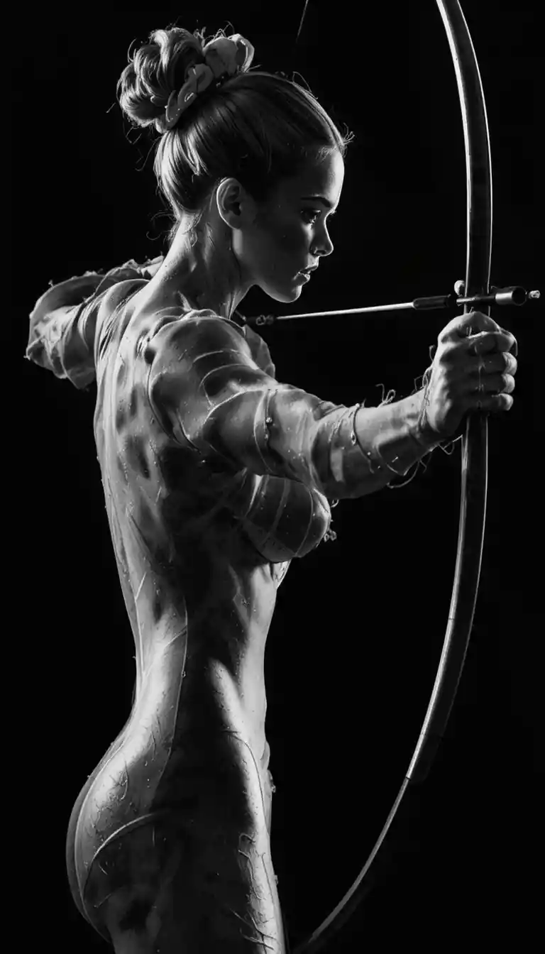 Black And White Archer Woman Drawing A Longbow