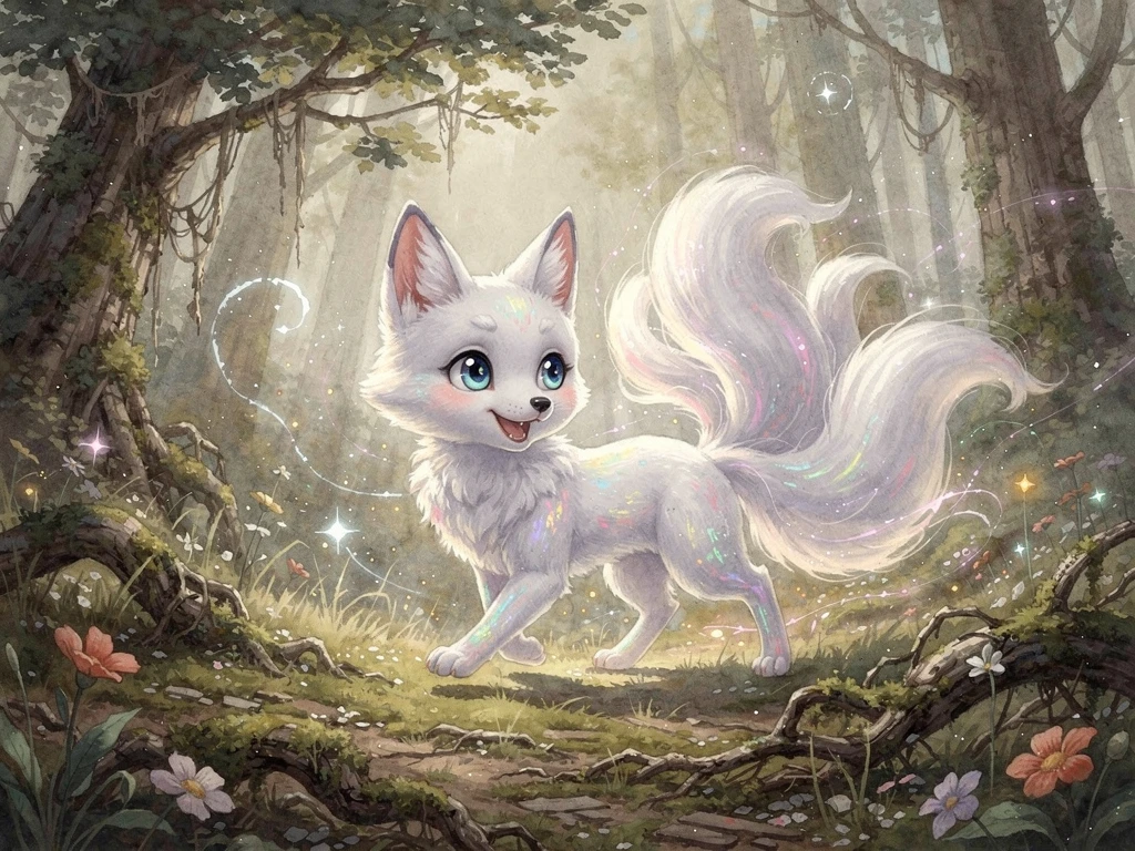 White kitsune in a shabby forest watercolor 3D scene