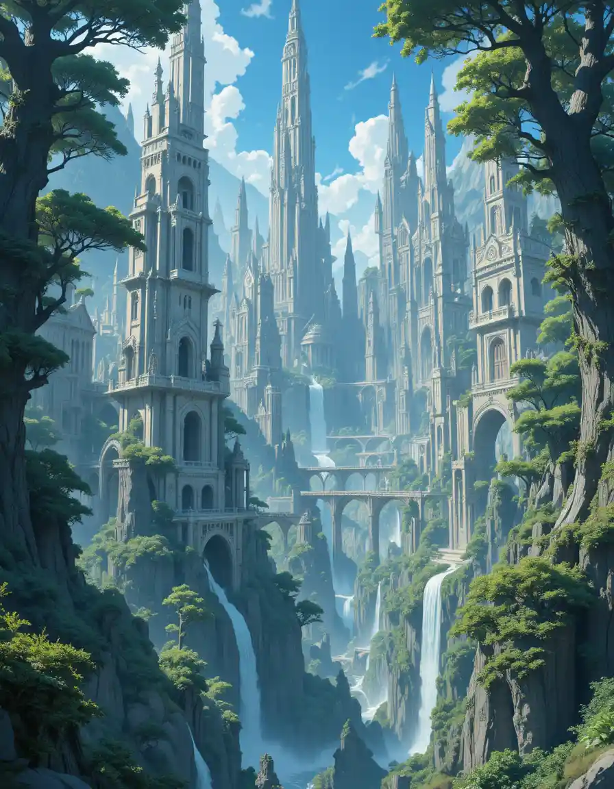 白い石の塔がそびえる広大なエルフの都市（昼景）