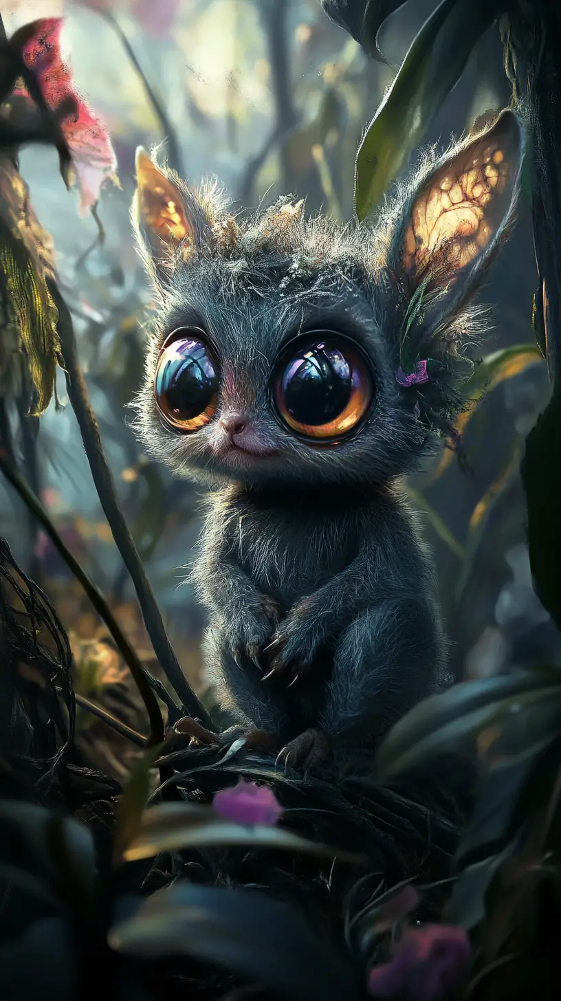 Dreamy baby animal with shimmering gradient eyes
