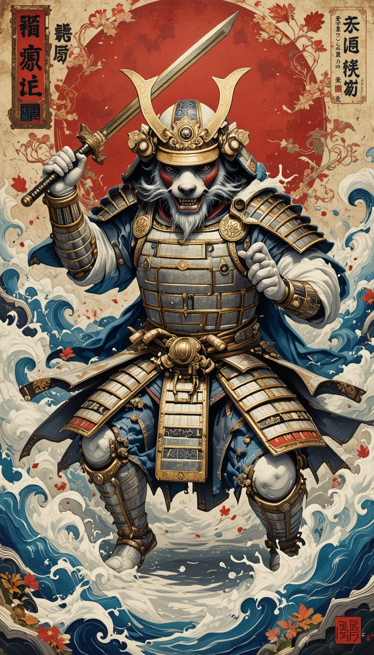 浮世絵スタイルで突撃する重装甲のホッキョクグマ侍