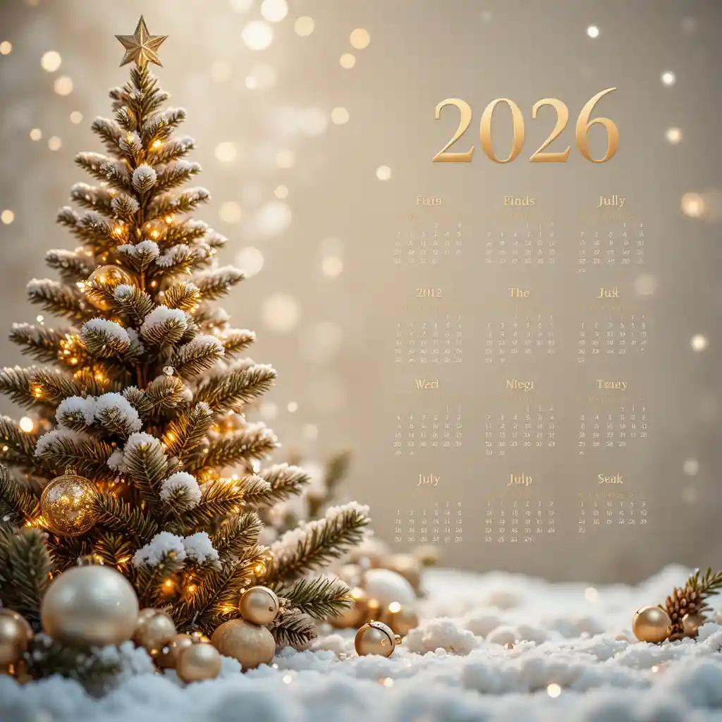 골드 홀리데이 장식이 돋보이는 우아한 2026 벽걸이 캘린더