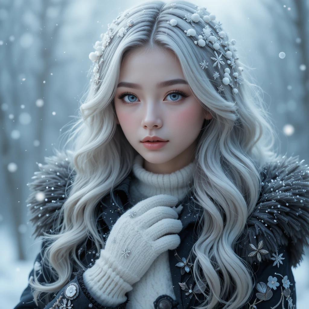 Ragazza invernale eterea con capelli d’argento e fiocchi di neve