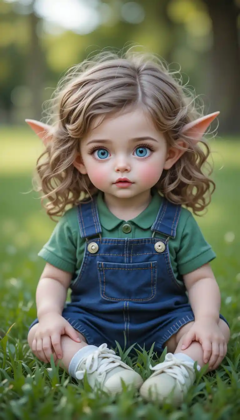 Süßes Baby-Gremlin-Mädchen sitzt im Gras im Park