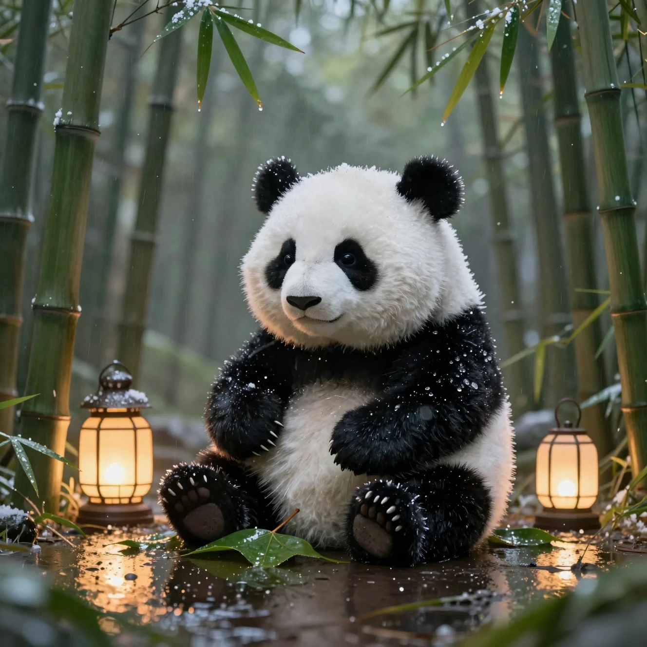 Kuschelweicher Plüschpanda auf einem Blatt im verschneiten Bambuswald
