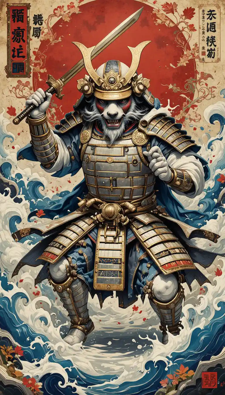 浮世絵スタイルで突撃する重装甲のホッキョクグマ侍