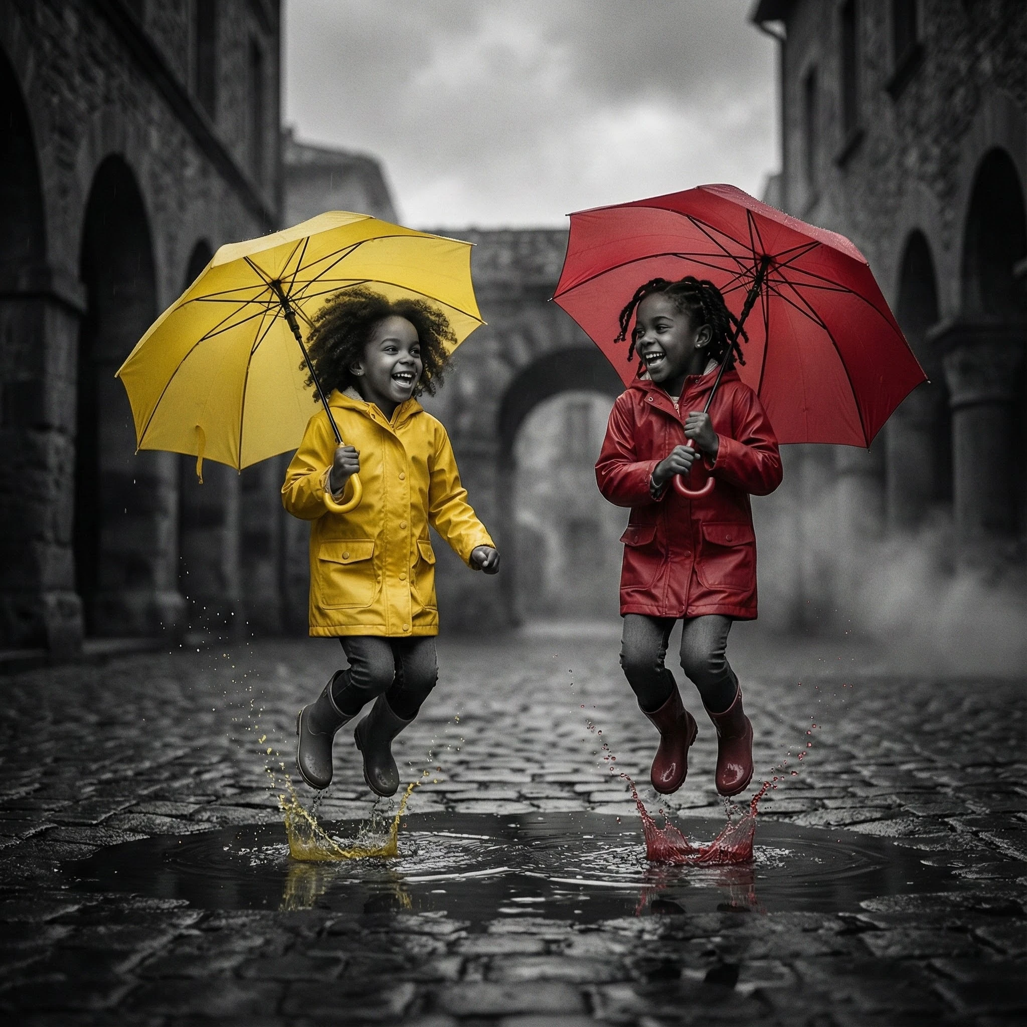 Two girls jumping in puddles with bright raincoats and umbrellas
