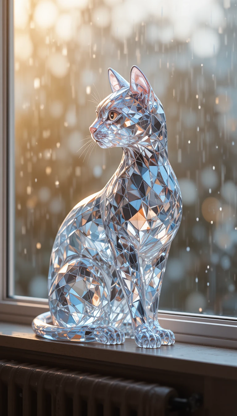 Sculpture de chat en diamant posée sur un rebord de fenêtre sous la pluie