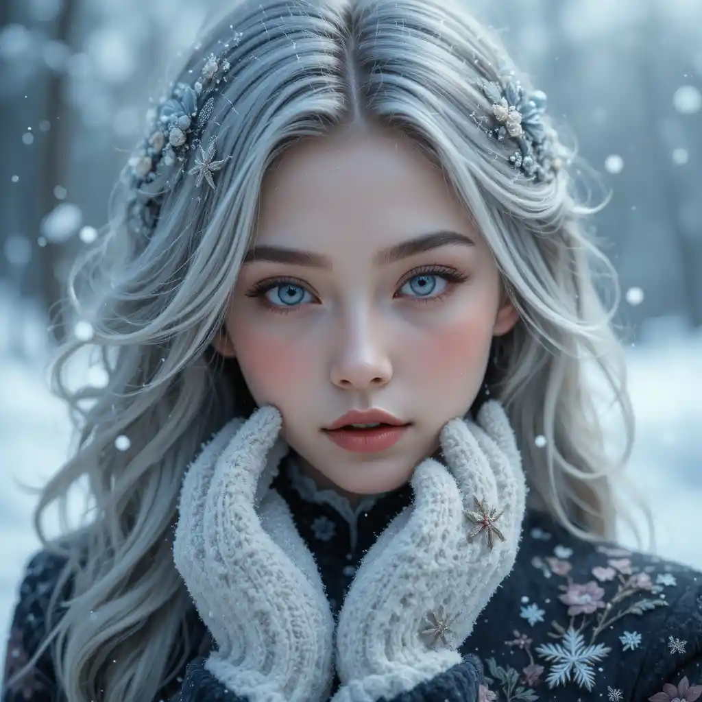 Ethereal winter girl with silver hair and soft snow