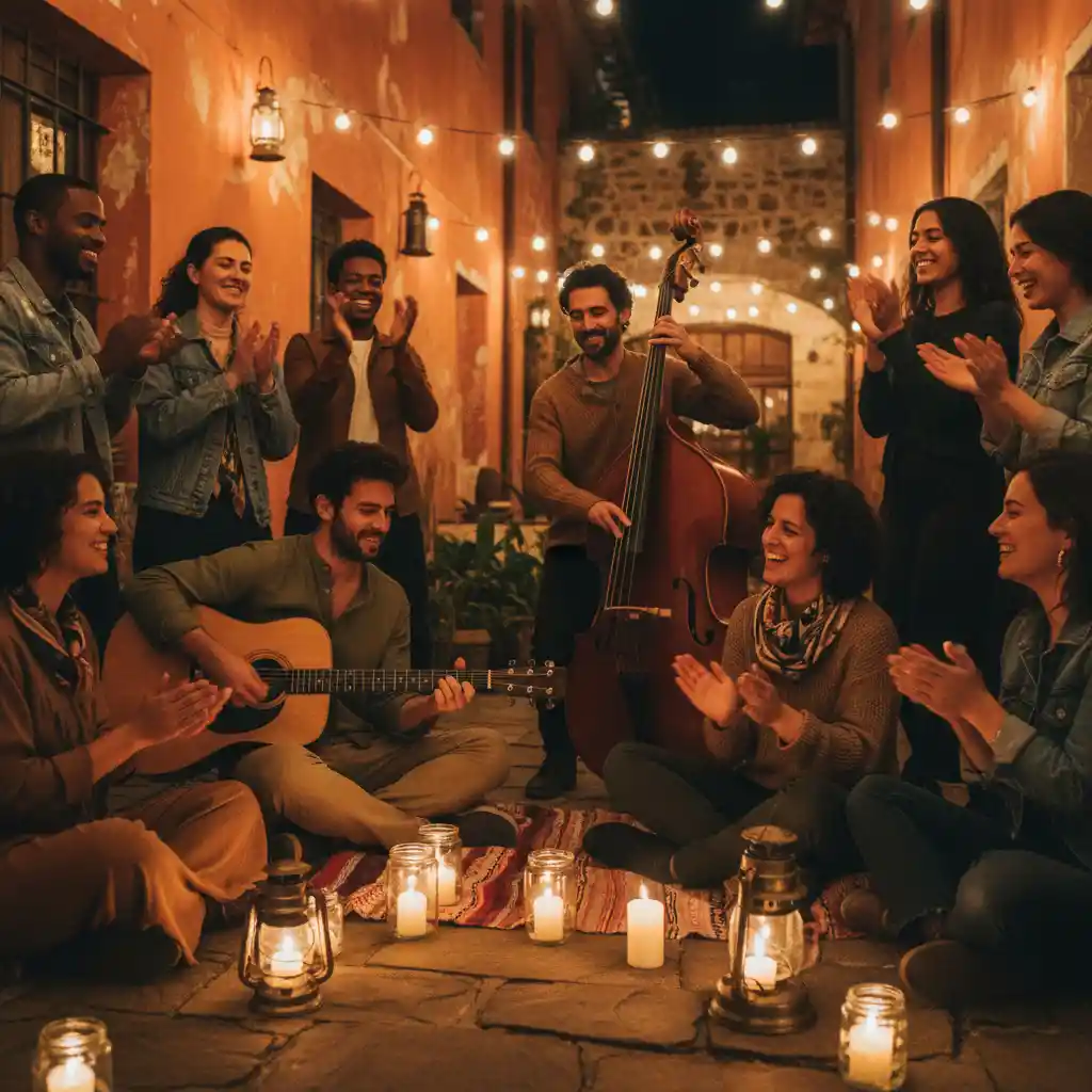 Friends enjoying live acoustic music in a candlelit courtyard
