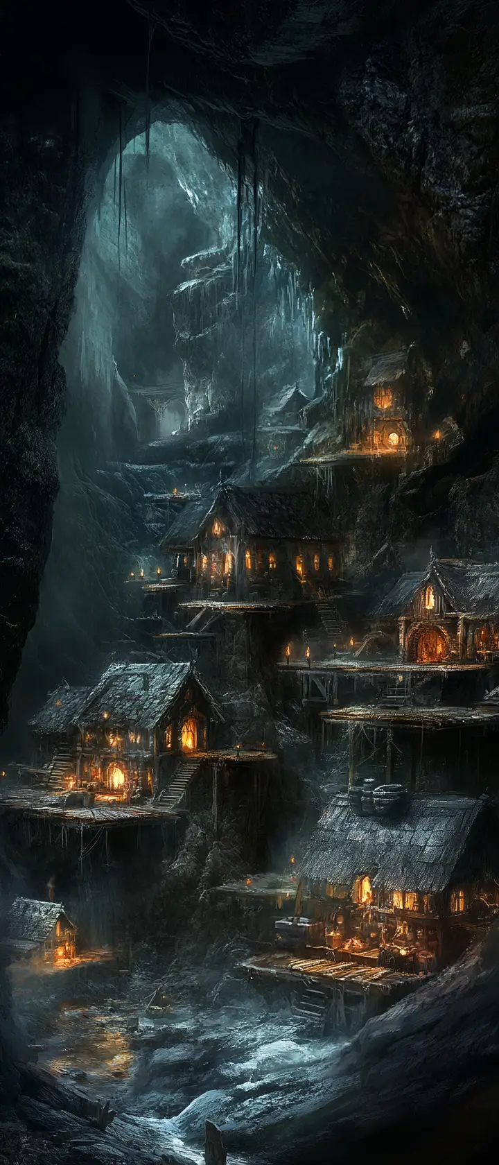 Vast underground dwarf city carved into a rocky cave