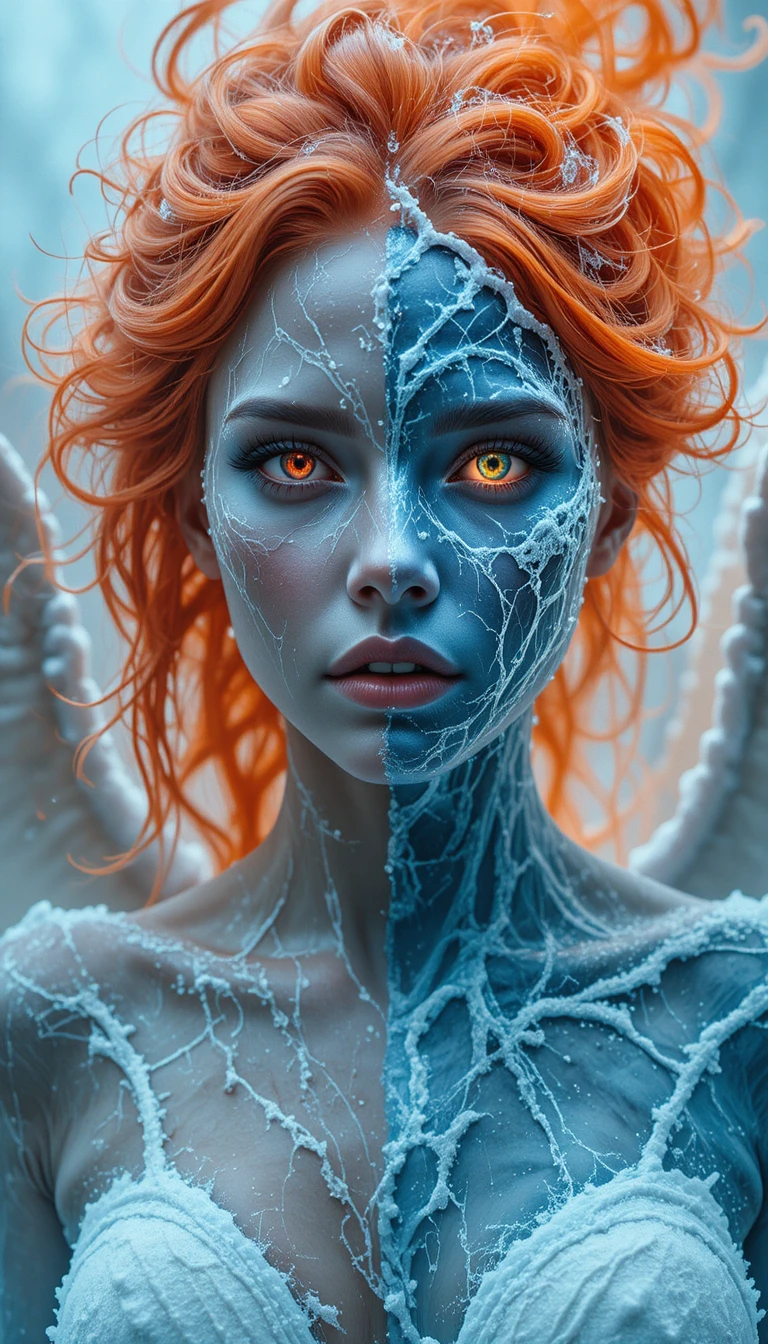 Dual elemental goddess in a misty cinematic valley close up
