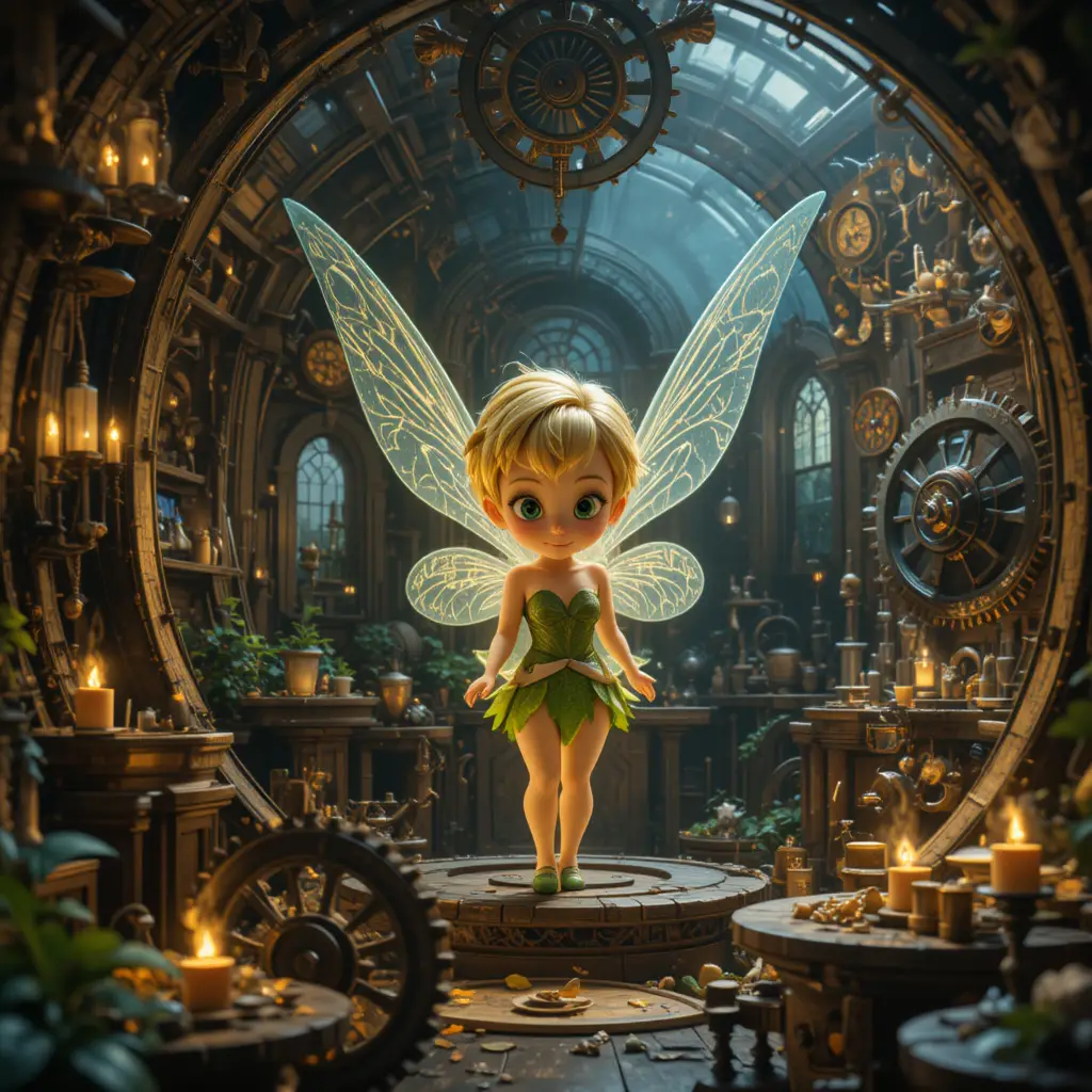 Fille fée dans un atelier fantastique d’horlogerie lumineux