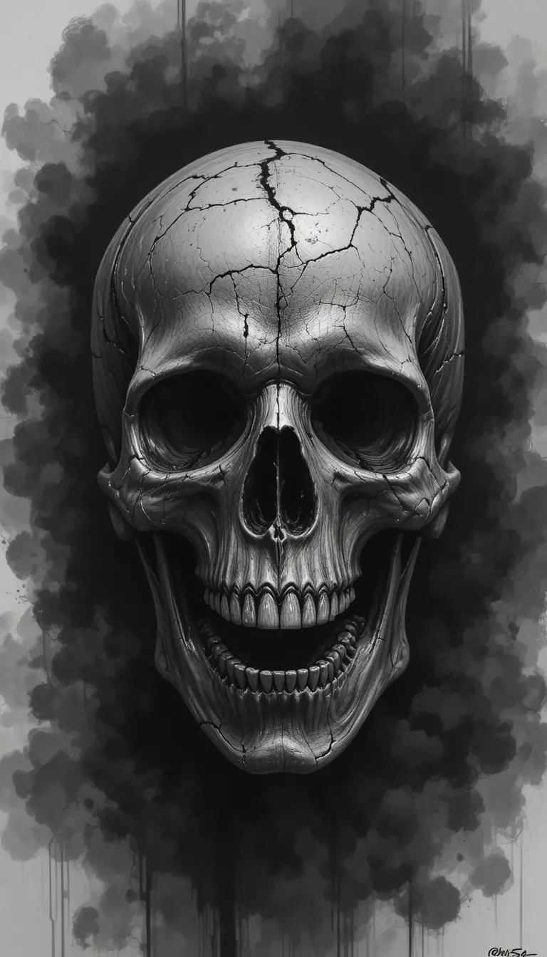Charcoal close up drawing of a cracked human skull