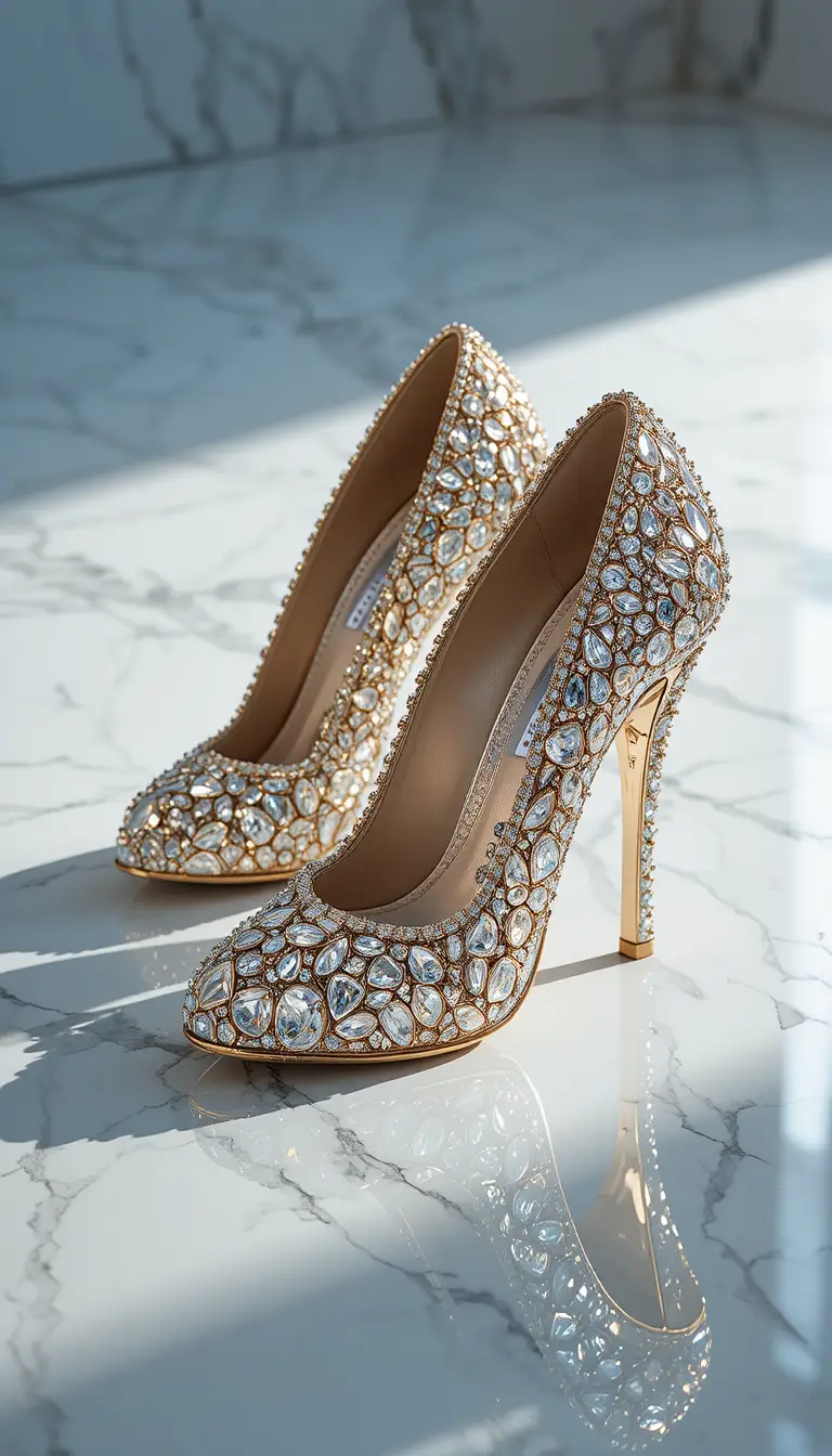 Diamond high heels with gold accents on marble floor