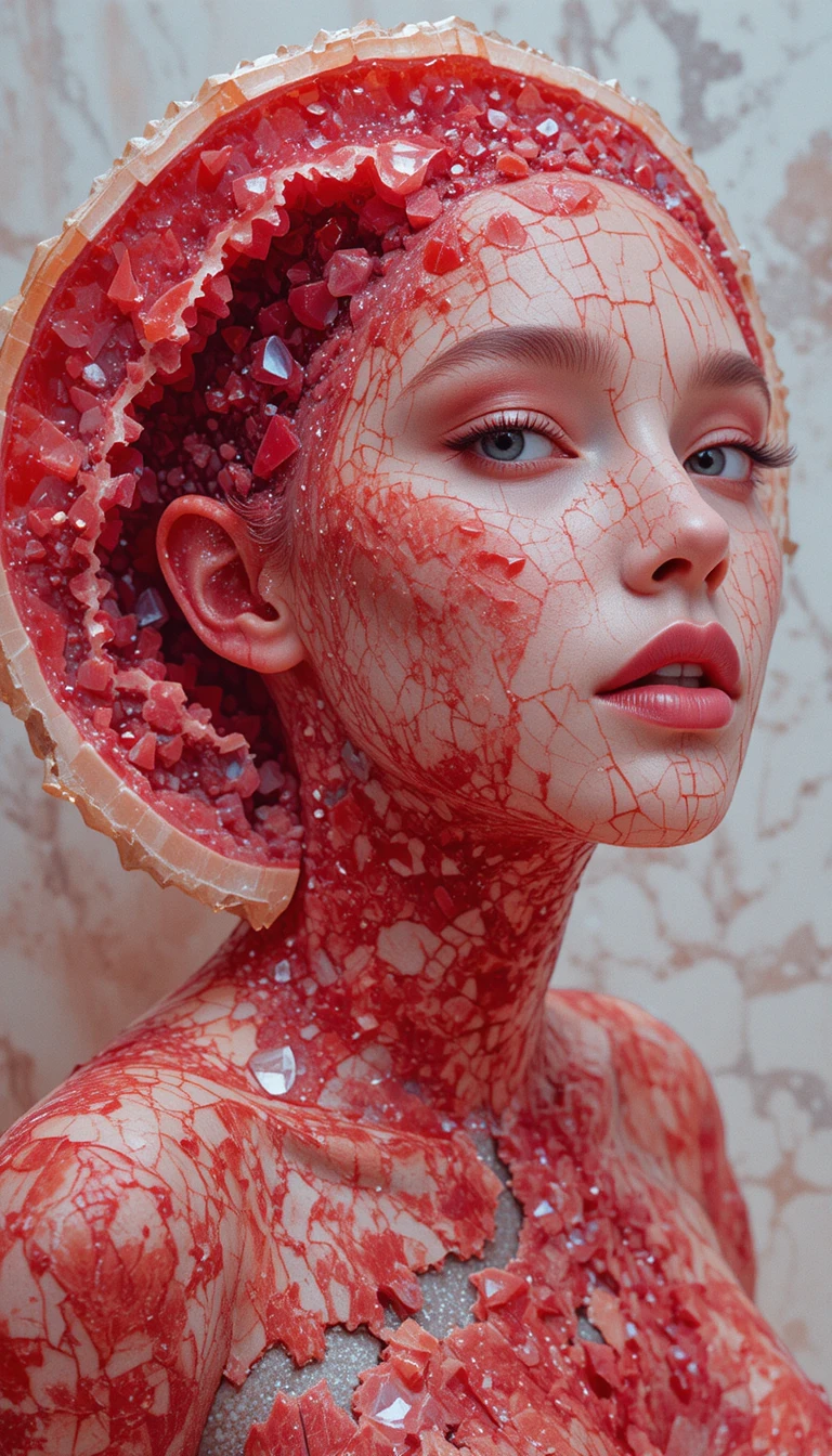 Surreal crystal woman portrait with split geode face