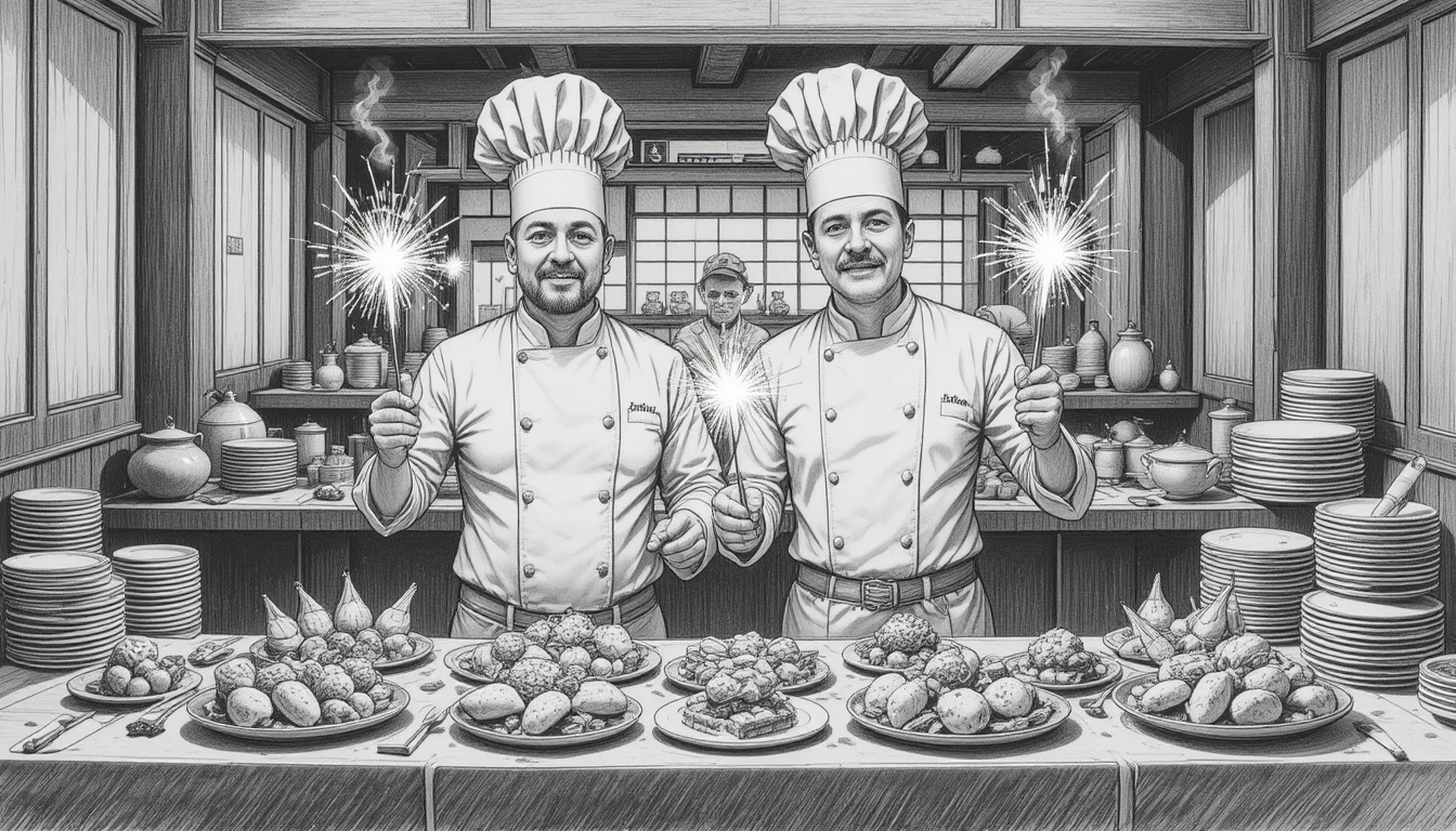 Chefs presenting sparkling appetizers in a modern restaurant kitchen