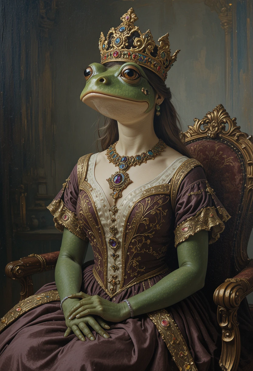 Regal oil painting portrait of a crowned frog princess