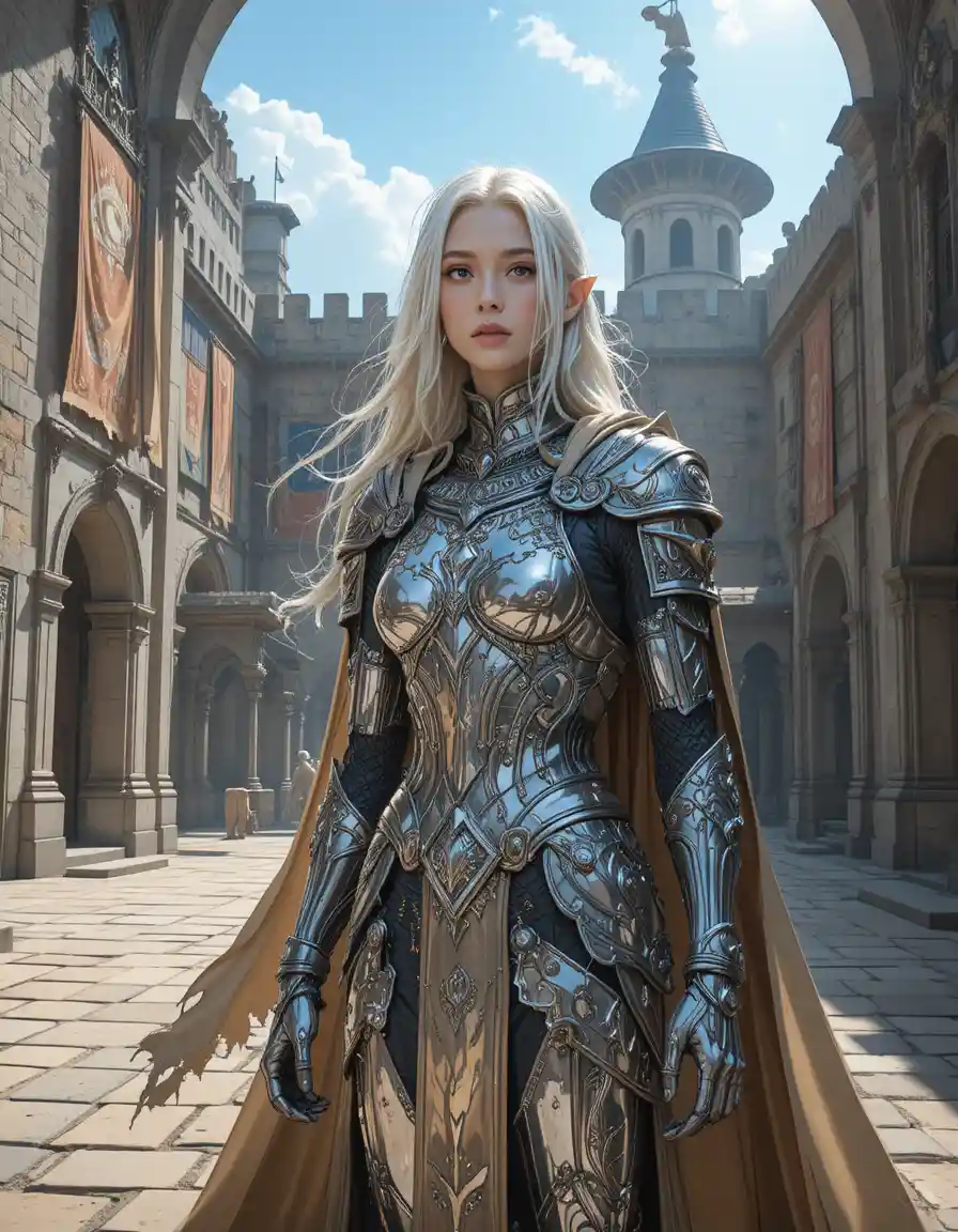 Elven warrior woman in ceremonial armor in fortress courtyard