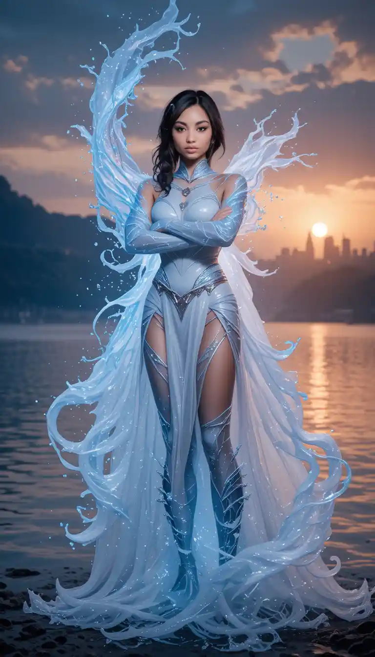 Water powered heroine beside a glowing sunset lake