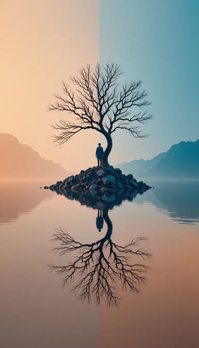 Lonely figure on rocky island mirrored in tranquil lake