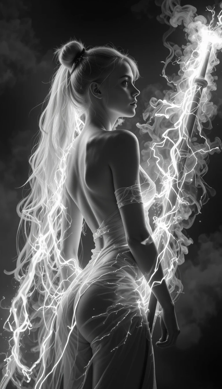 Dramatic monochrome archer woman with glowing energy bow