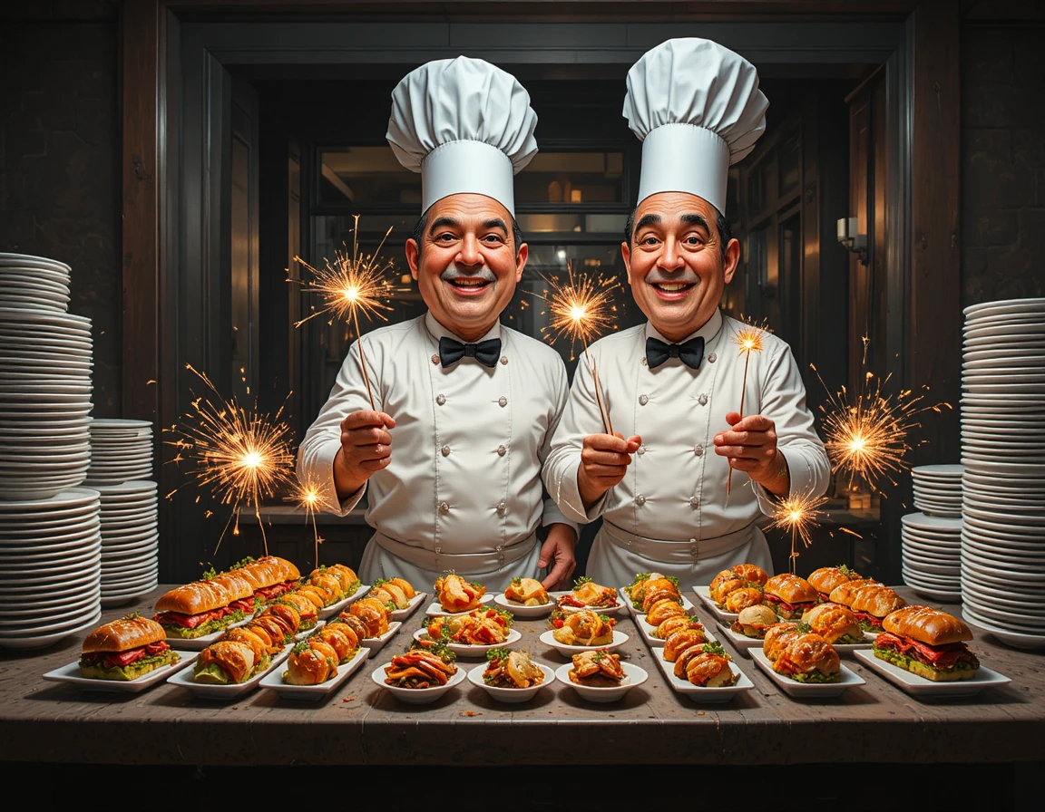 Chefs Present Festive Appetizers With Sparklers In Dark Kitchen