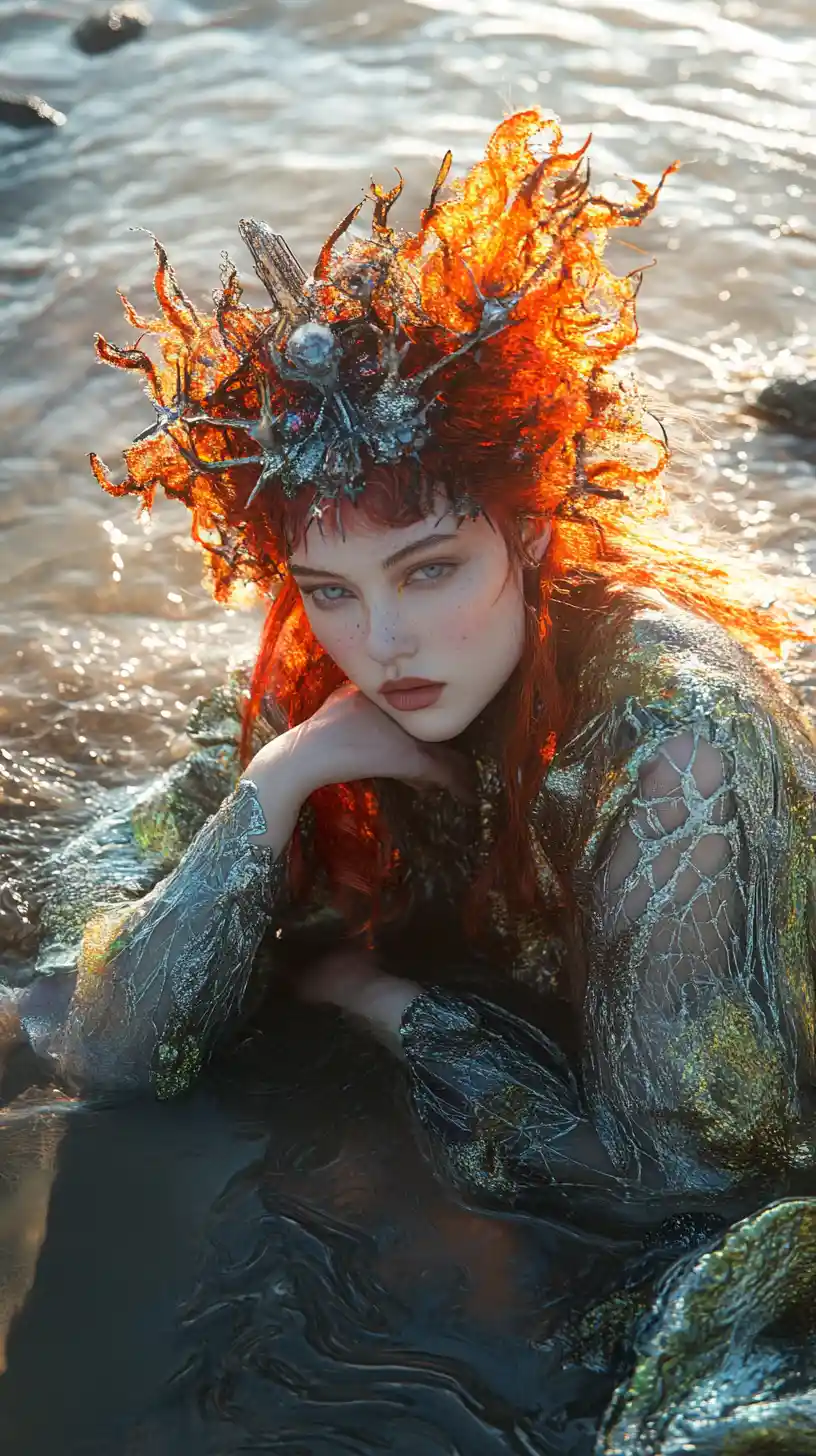 Mulher futurista em vestido exoesquelético ao lado de uma piscina de maré luminosa