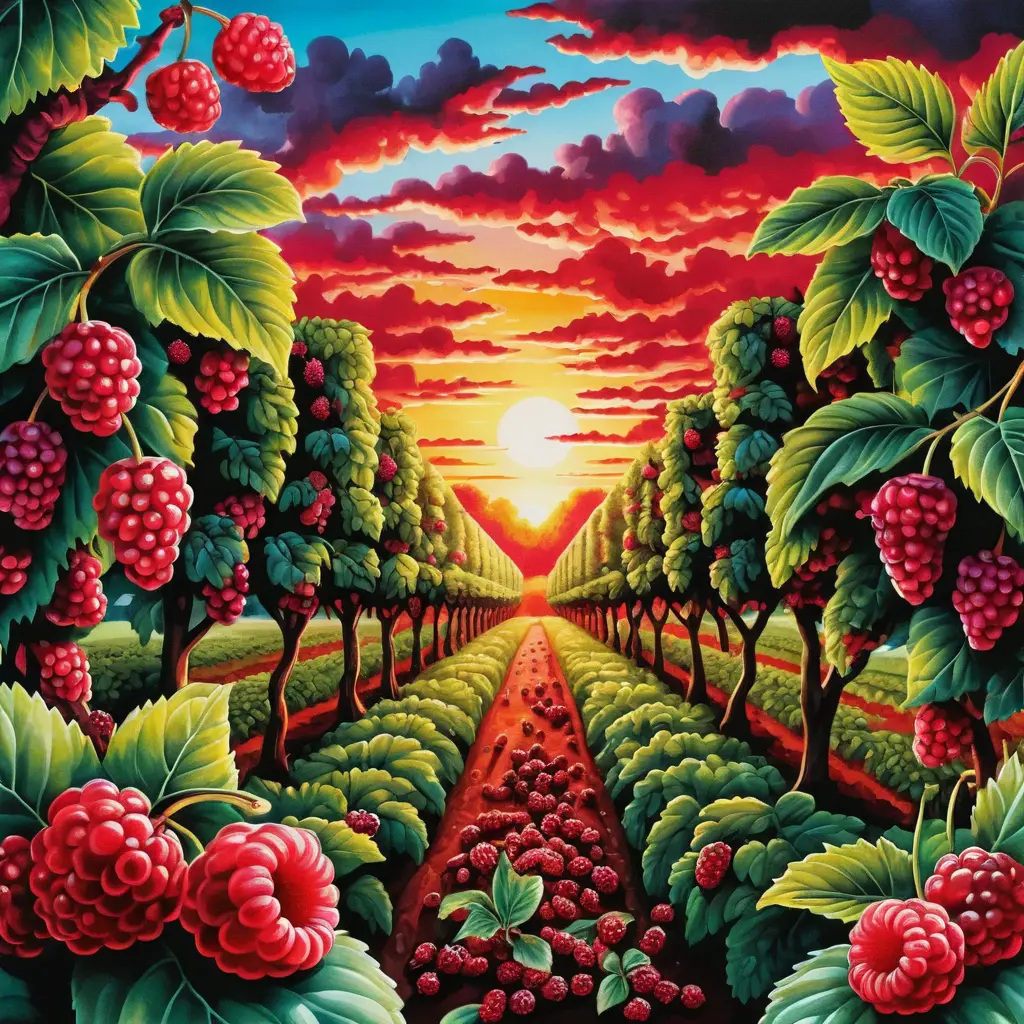 Surreal sunrise plantation with red and black mulberry trees