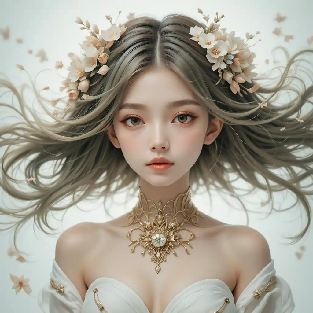 Ethereal anime girl with floral hair and soft white background