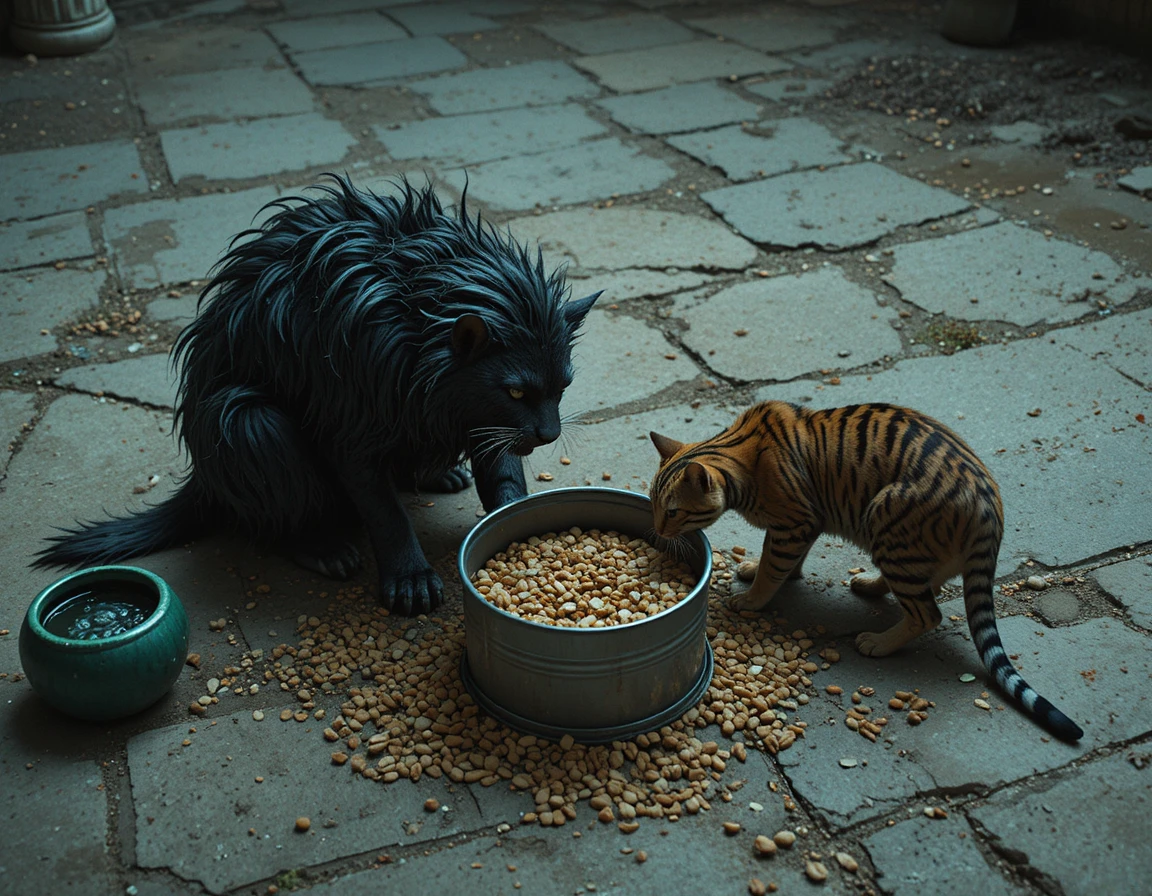 Gatto e riccio che condividono il cibo su un ruvido pavimento di cemento