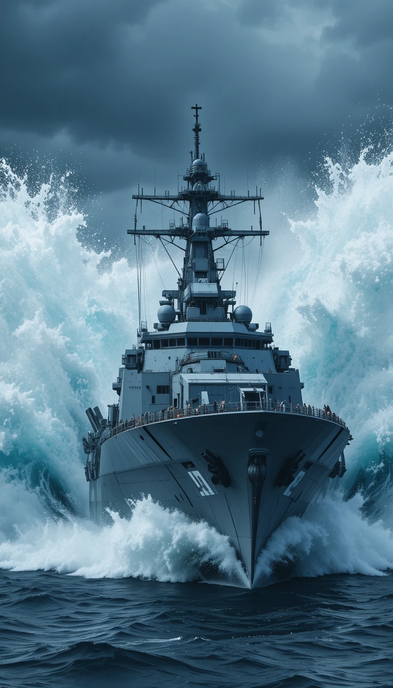 Futuristic gray warship crashing through a massive storm wave