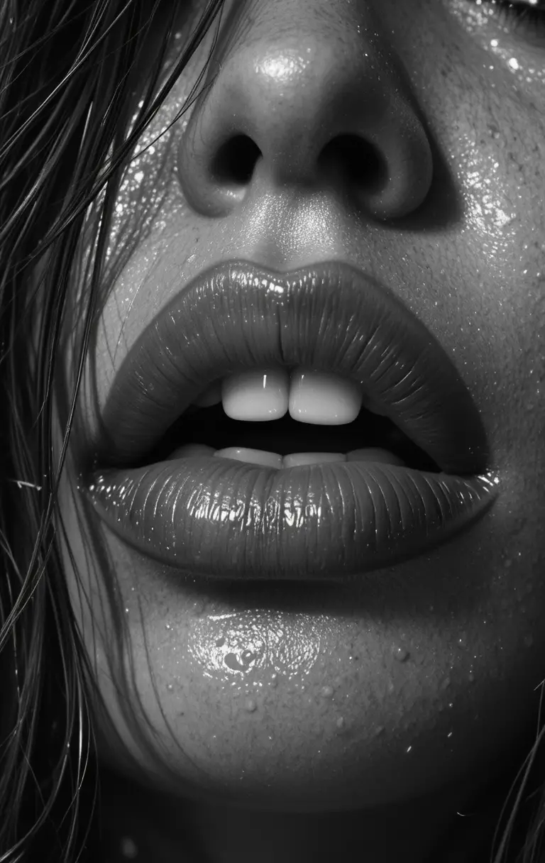 Moody black and white close up of wet glossy lips