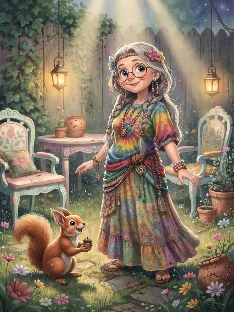 Anziana hippie in un giardino shabby chic con scoiattolo