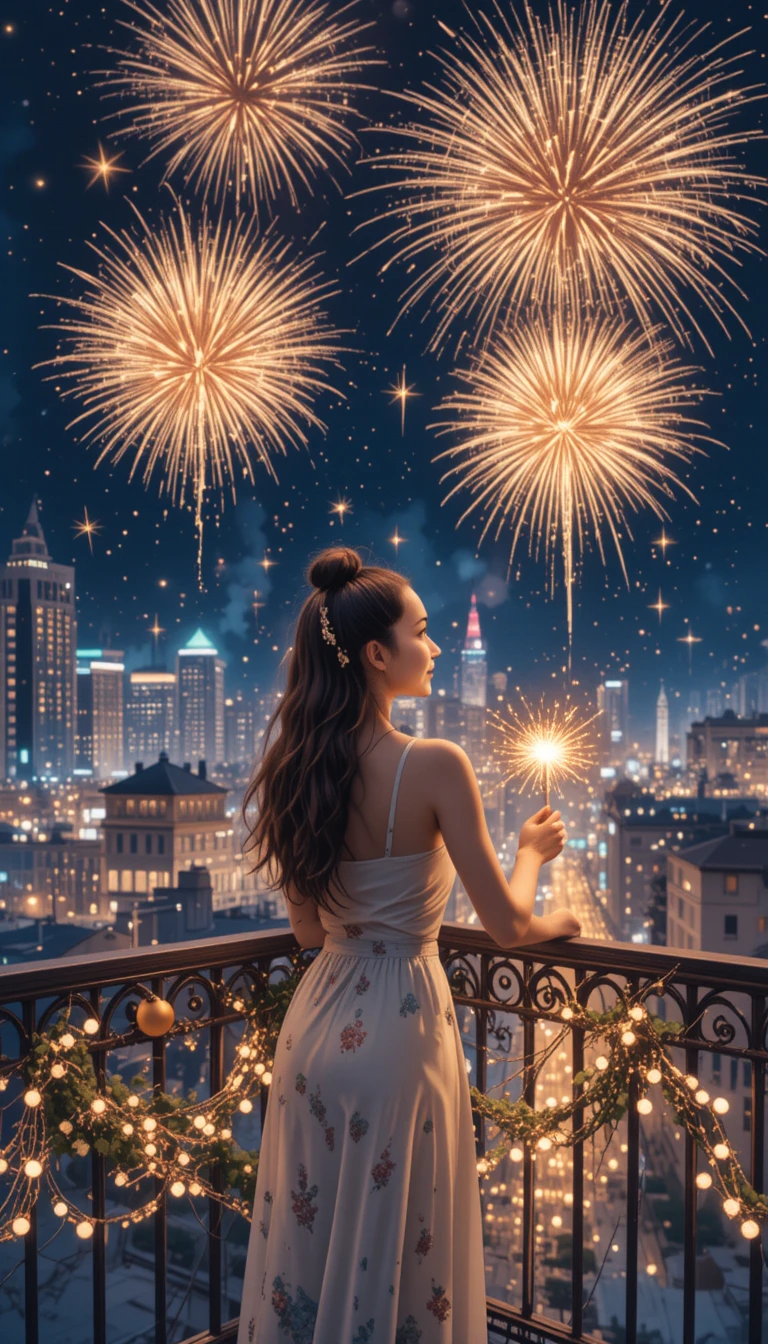 Young woman on balcony watching city fireworks