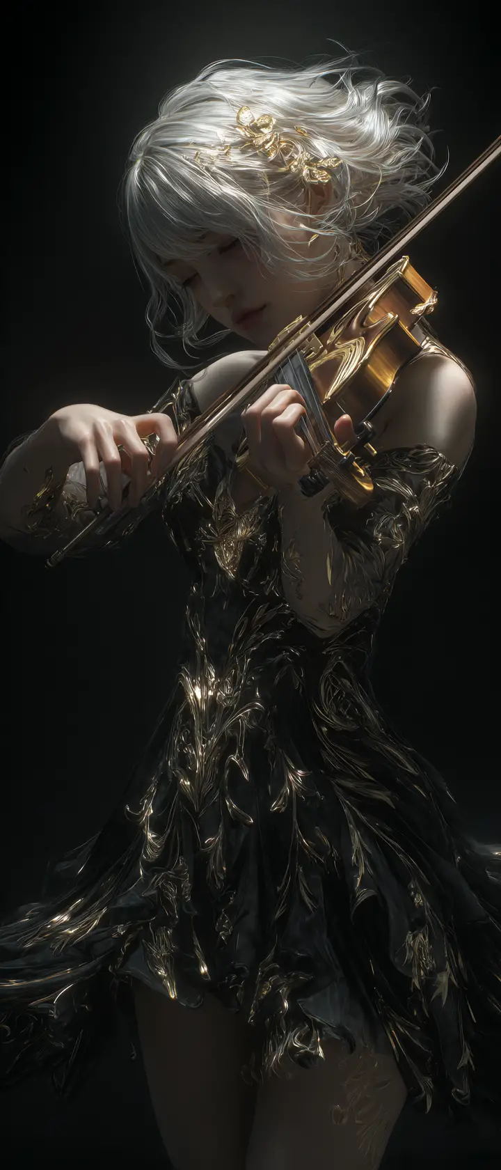 Golden haired girl playing violin in dark fantasy gloom