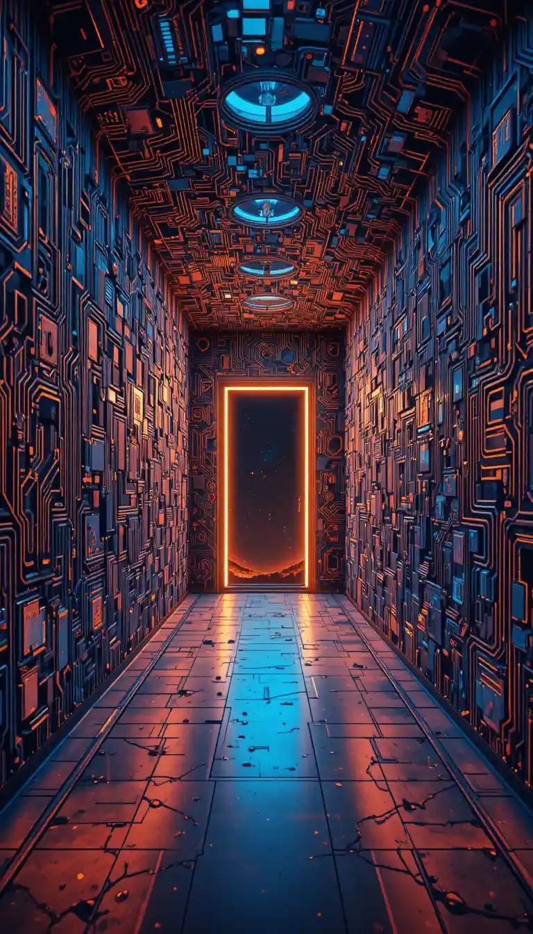 Couloir futuriste au néon, circuits et étoiles lointaines