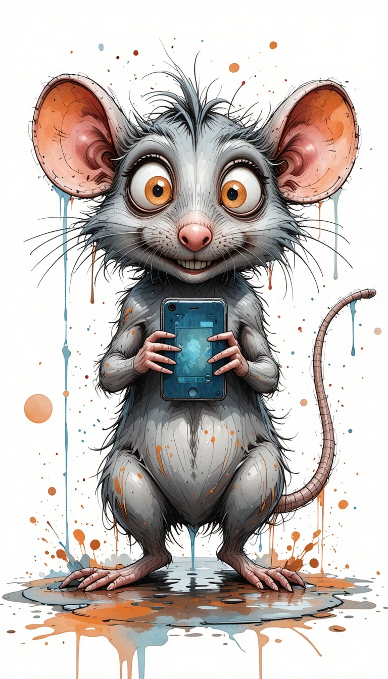 Rata acuarela excéntrica con ojos grandes sosteniendo un smartphone