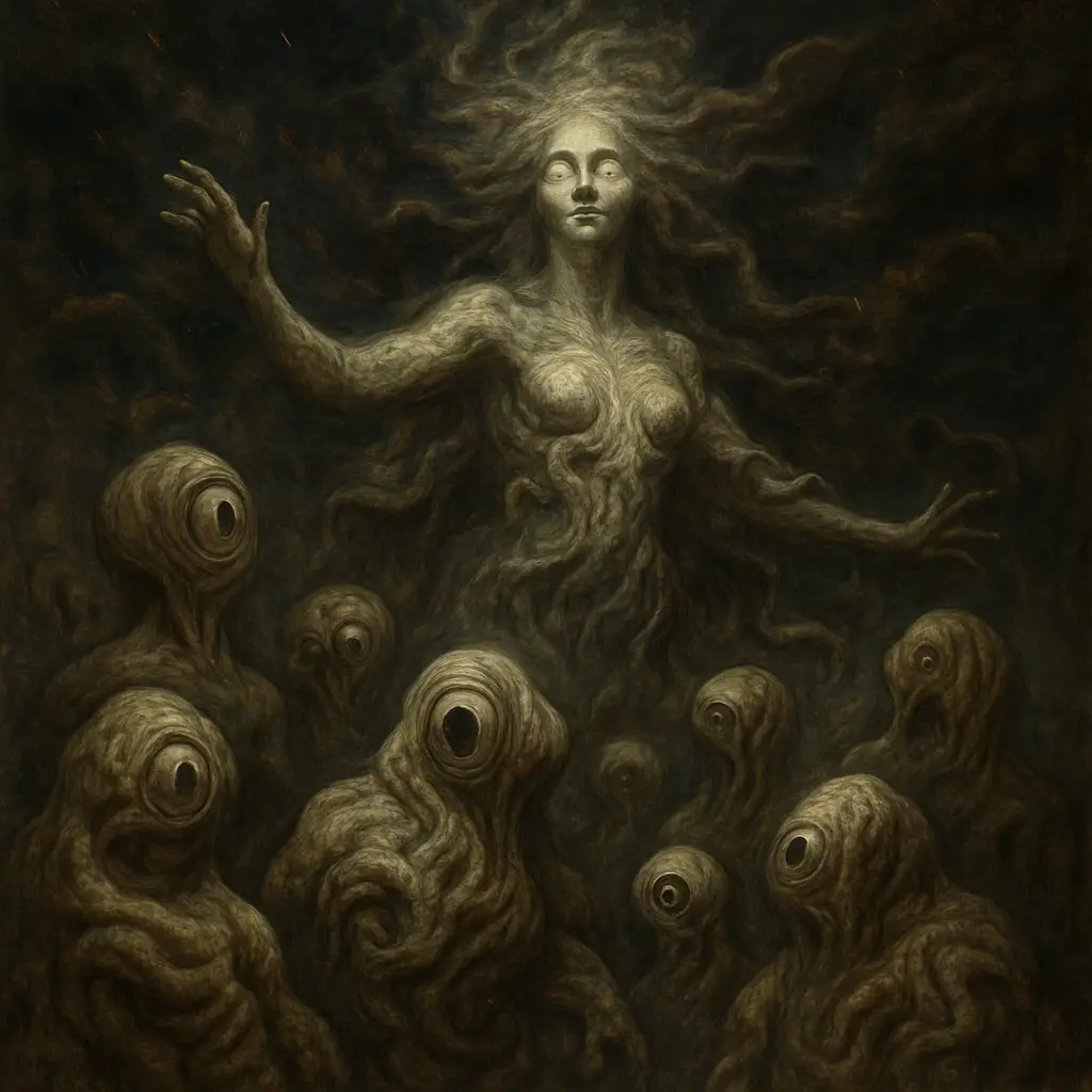 Primordial goddess summoning twisted cyclopean cosmic creatures