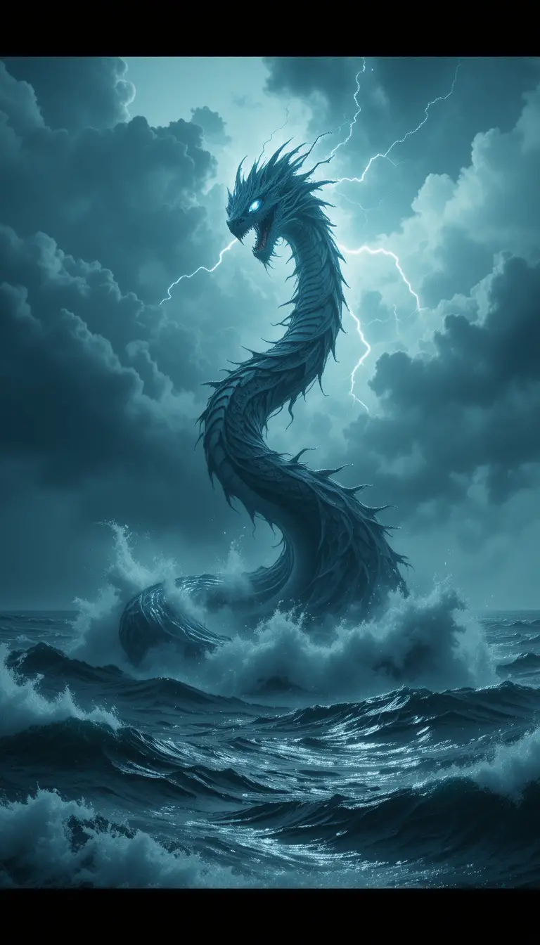 Divine Serpent Rising From Stormy Ocean Toward Sky